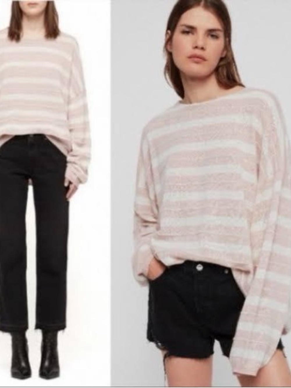 AllSaints Striped Crewneck Sweater in Blush and White